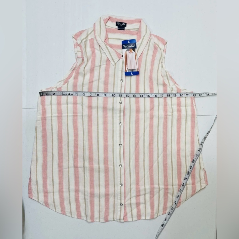 Splendid Women’s Pink Striped Sleeveless Soft Button Up Collared Linen Shirt L - Picture 8 of 9